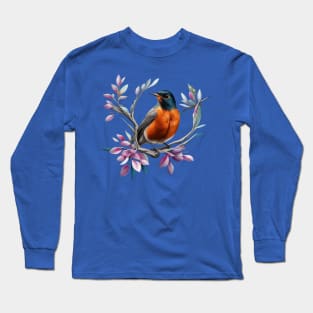 Cartoon Of An American Robin With Connecticut State Flower Long Sleeve T-Shirt